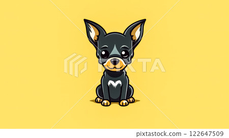 A cute black dog with a yellow background 122647509