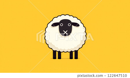 A cartoon sheep is standing on a yellow background. 122647510