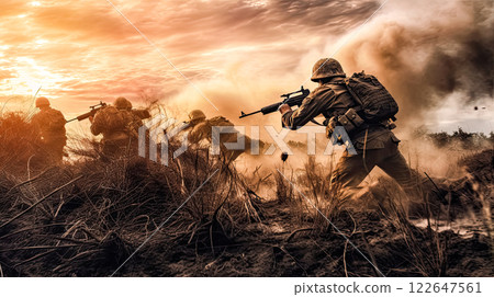 Soldiers in dynamic action on the battlefield 122647561