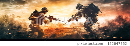 Soldiers in dynamic action on the battlefield 122647562
