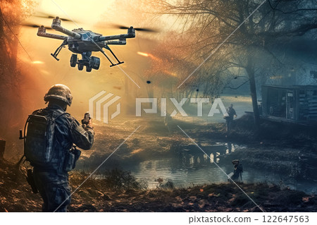 Ukrainian military deploying drones over a field. 122647563