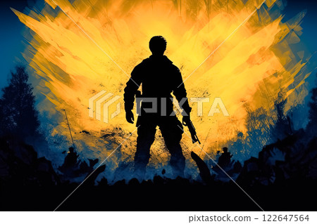 Illustration featuring a Ukrainian soldier on a blue yellow background. 122647564
