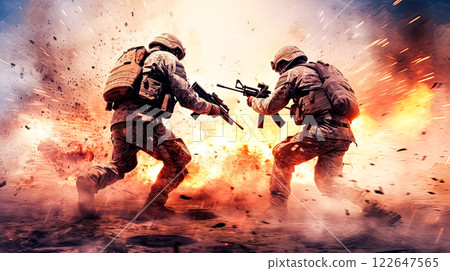 Soldiers in dynamic action on the battlefield 122647565