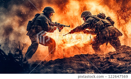 Soldiers in dynamic action on the battlefield 122647569