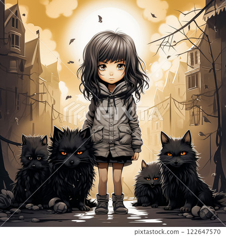 Girl with black hair, surrounded by cats Girl with black hair, surrounded by cats 122647570