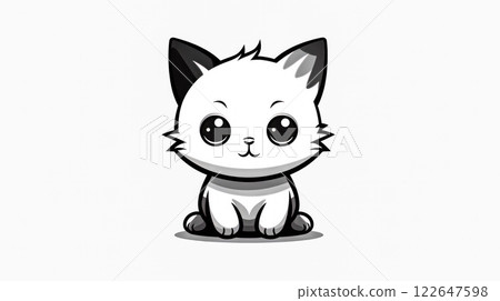 A cute little white kitten is sitting on the ground. 122647598