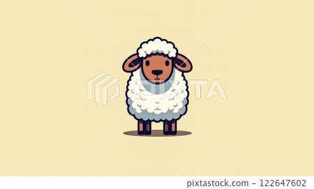 A cartoon sheep is standing on a yellow background. 122647602