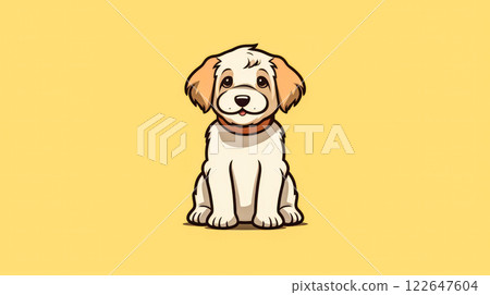 A cute black dog with a yellow background. 122647604