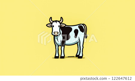 Cartoon cow with white face and black spots stands in front of yellow background. 122647612