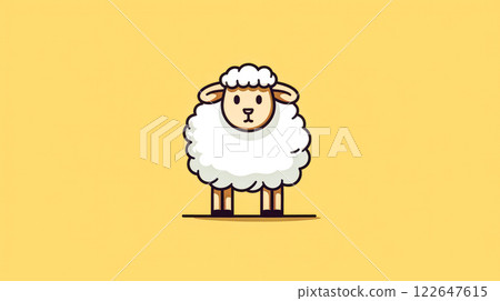 A cartoon sheep is standing on a yellow background. 122647615