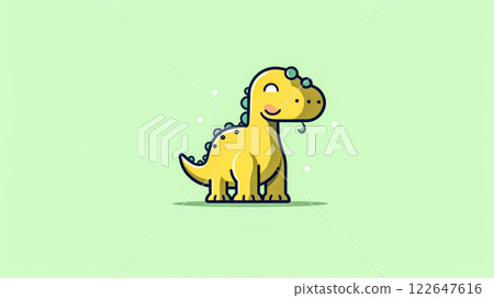 A cartoon dinosaur is sitting on a green background. 122647616