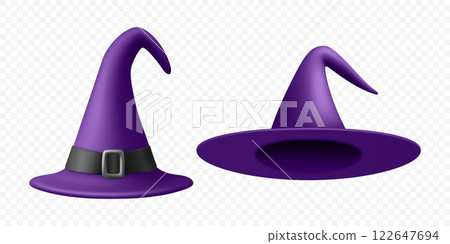 Vector 3d Realistic Witch Hats Illustration. Purple Witch Hat for Halloween Set. Spooky Decor, Design Element, Icons. Halloween Vector Art for Seasonal Graphics 122647694