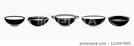 Vector Black Bowl Icons. Minimalist Food Icon Set, Soup Bowl, Cooking Dish, Modern Kitchenware Design. Elegant Tableware, Restaurant Logo, Simple Black Silhouette, Vector Dishware Illustration 122647695