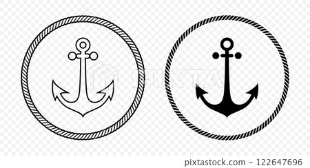 Black and White Anchor Icon Set. Flat Vector Monochrome Anchor Shapes in Circular Rope Frame. Nautical Anchor Symbols, Marine Rope Border Design. Vector Illustration 122647696