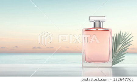 Elegant perfume bottle with tropical palm leaf by serene ocean at sunset Elegant perfume bottle with tropical palm leaf by serene ocean at sunset 122647703