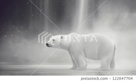 Illustration monochrome majestic polar bear under northern lights in icy landscape. International polar bear day Illustration monochrome majestic polar bear under northern lights in icy landscape. International polar bear day 122647704