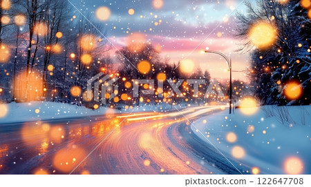 Winter wonderland snowfall on glittering snow-covered road at sunset 122647708