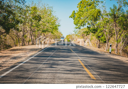 Concrete road surrounded by trees and branches. Asphalt road surrounded by trees with a bus on the road, View of a paved road surrounded by trees at sunset Concrete road surrounded by trees and branches. Asphalt road surrounded by trees with a bus on the road, View of a paved road surrounded by trees at sunset 122647727