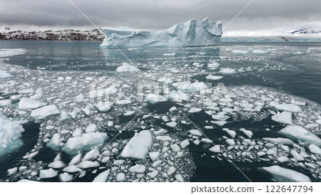 Panoramic image of polar caps in antarctica, polar caps near water in antarctica 122647794