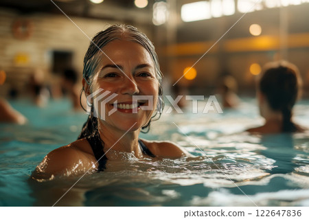 Senior woman is enjoying water aerobics with a big smile at the swimming pool. generative ai 122647836