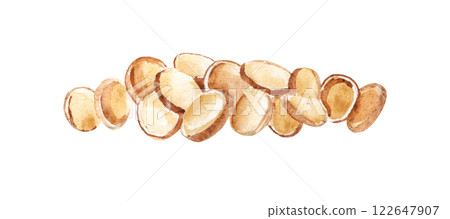 Golden coins, Money Heap or Pile. Hand drawn watercolor US dollar currency illustration isolated on a white background. Symbol of wealth and riches. Business and finance concept design element. 122647907
