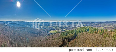 Panoramic view from Tromm observation tower in Odenwald towards the Rhine valley Panoramic view from Tromm observation tower in Odenwald towards the Rhine valley 122648093