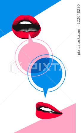 Contemporary art collage. Viewpoint. Two red lips communicate through overlapping pink and blue speech bubbles, illustrating transparency, negotiation. Contemporary art collage. Viewpoint. Two red lips communicate through overlapping pink and blue speech bubbles, illustrating transparency, negotiation. 122648250