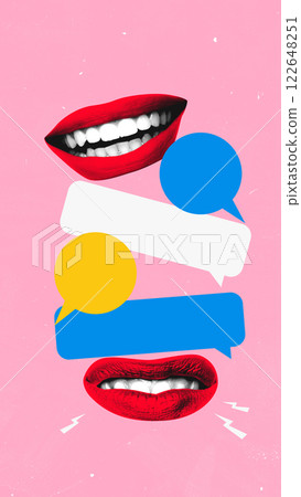 Contemporary art collage. Stacked red lips frame conversation through floating speech bubbles, highlighting structured communication, social dialogue. Contemporary art collage. Stacked red lips frame conversation through floating speech bubbles, highlighting structured communication, social dialogue. 122648251