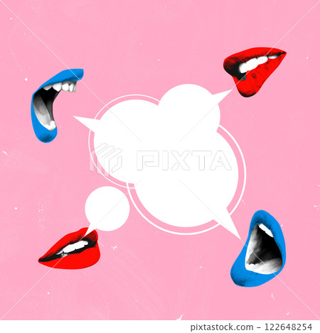 Contemporary art collage. White speech bubbles emerge between expressive red and blue lips, emphasizing open communication and power of spoken words. Contemporary art collage. White speech bubbles emerge between expressive red and blue lips, emphasizing open communication and power of spoken words. 122648254