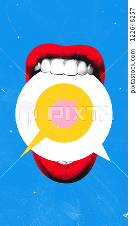 Contemporary art collage. Large red lips hold layered speech bubbles, illustrating complexity of communication, and layers meaning targeting, goals. 122648257