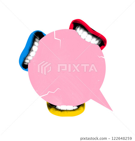 Contemporary art collage. Mouths surround cracked pink speech bubble, symbolizing conflict, or challenge in teamwork and understanding. Contemporary art collage. Mouths surround cracked pink speech bubble, symbolizing conflict, or challenge in teamwork and understanding. 122648259