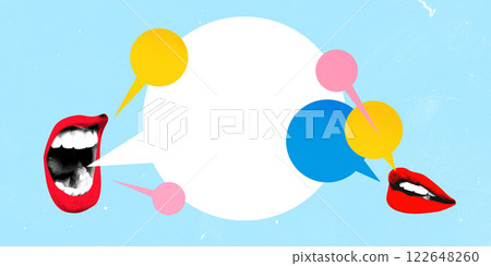 Contemporary art collage. Large empty speech bubble stands between two vibrant lips exchanging words, symbolizing open discussion and power of spoken ideas. Contemporary art collage. Large empty speech bubble stands between two vibrant lips exchanging words, symbolizing open discussion and power of spoken ideas. 122648260