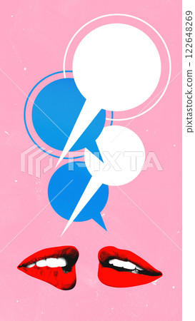 Contemporary art collage. Red lips face each other below stacked speech bubbles in blue and white, symbolizing deep discussion or cooperative decision-making. Contemporary art collage. Red lips face each other below stacked speech bubbles in blue and white, symbolizing deep discussion or cooperative decision-making. 122648269