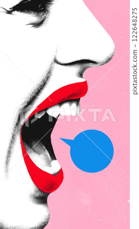 Contemporary art collage. Close-up of vibrant red lips speaking into bold blue speech bubble, emphasizing power of conversation. 122648275