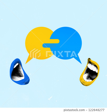Contemporary art collage. Talking lips, one blue, another yellow, engage in dialogue with speech bubbles, representing exchange and mutual understanding. Contemporary art collage. Talking lips, one blue, another yellow, engage in dialogue with speech bubbles, representing exchange and mutual understanding. 122648277