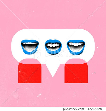 Contemporary art collage. Expressive lips appear within speech bubble, conveying lively discussion, collaboration, and effective rapport-building. 122648283