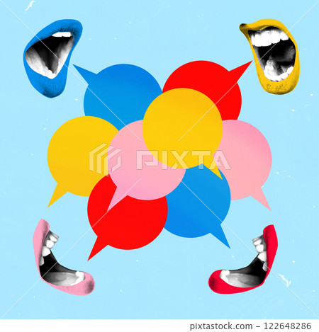 Contemporary art collage. Vibrant speech bubbles interconnect as colorful lips express ideas, symbolizing creative exchange on light blue background. 122648286
