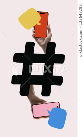 Conceptual art design. Hashtag with two hands holding smartphones and speech bubbles symbolizing trending topics, digital conversations, and online discussions. Conceptual art design. Hashtag with two hands holding smartphones and speech bubbles symbolizing trending topics, digital conversations, and online discussions. 122648289