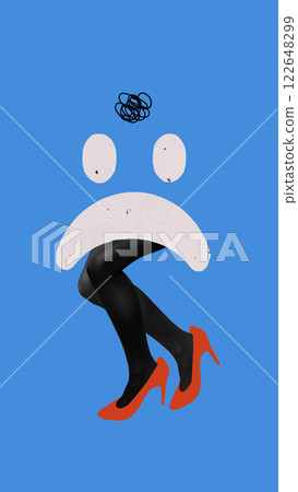 Conceptual art design. Legs with frowning face symbolizing online stress, digital fatigue, and emotional impact of social media. Conceptual art design. Legs with frowning face symbolizing online stress, digital fatigue, and emotional impact of social media. 122648299