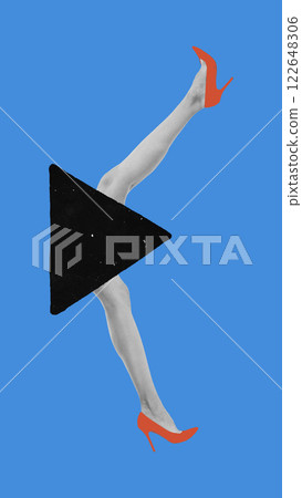 Conceptual art design. Play button with high-heeled legs symbolizing digital entertainment, video streaming, and multimedia engagement. 122648306