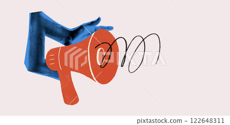 Contemporary artwork. Blue-painted hand holding megaphone with swirling lines representing voice amplification, digital marketing, and spreading information online. Contemporary artwork. Blue-painted hand holding megaphone with swirling lines representing voice amplification, digital marketing, and spreading information online. 122648311