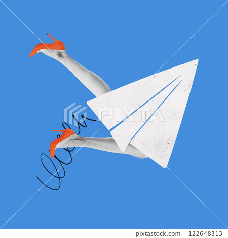 Contemporary artwork. Paper plane with high heels representing fast digital messaging, social connections, and instant communication. Contemporary artwork. Paper plane with high heels representing fast digital messaging, social connections, and instant communication. 122648313