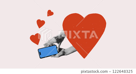 Contemporary artwork. Hands holding smartphone with floating hearts representing digital love, social engagement, and online appreciation. 122648325