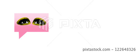 Abstract art collage. Eyes in pink speech bubble symbolize importance of eye contact in communication, reinforcing trust, engagement, and understanding between people. 122648326