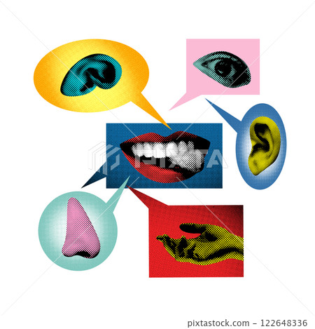 Abstract art collage. Voices. Eyes, ears, mouth, nose, and hand interact through speech bubbles, symbolizing dynamic exchange of ideas, and sensory communication. Abstract art collage. Voices. Eyes, ears, mouth, nose, and hand interact through speech bubbles, symbolizing dynamic exchange of ideas, and sensory communication. 122648336