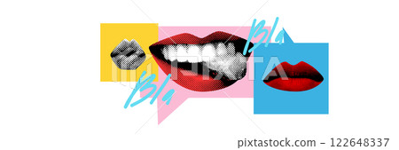 Abstract art collage. Conversation Mix. Various lips inside colorful speech bubbles, showing diversity of voices and interaction in information exchange. Abstract art collage. Conversation Mix. Various lips inside colorful speech bubbles, showing diversity of voices and interaction in information exchange. 122648337