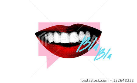 Abstract art collage. Loud Opinion. Close-up of lips inside pink speech bubble with Bla Bla written, visualizing constant speaking and debate. Abstract art collage. Loud Opinion. Close-up of lips inside pink speech bubble with Bla Bla written, visualizing constant speaking and debate. 122648338