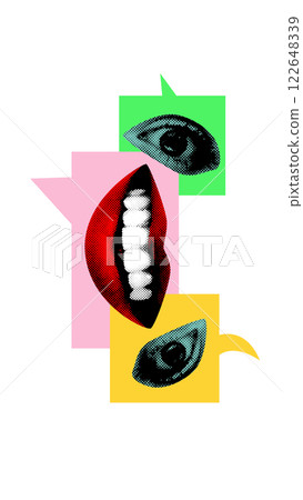 Abstract art collage. Dialogue Flow. Large red mouth with speech bubbles containing eyes, highlighting interplay between seeing and speaking in communication. 122648339
