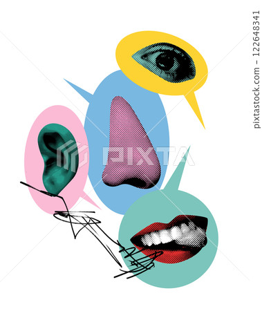 Abstract art collage. Chatter. Mouth, eye, and ear surrounded by speech bubbles with scribbled lines, illustrating noise and complexity of conversation. Abstract art collage. Chatter. Mouth, eye, and ear surrounded by speech bubbles with scribbled lines, illustrating noise and complexity of conversation. 122648341