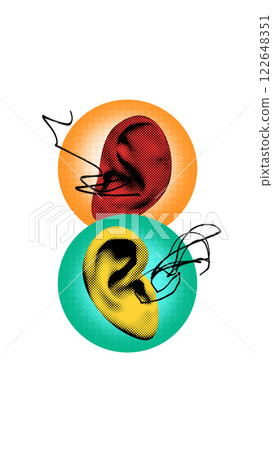 Abstract art collage. Echo. Two ears receive tangled sound waves, illustrating distortion and reinterpretation of messages in dialogue. Abstract art collage. Echo. Two ears receive tangled sound waves, illustrating distortion and reinterpretation of messages in dialogue. 122648351